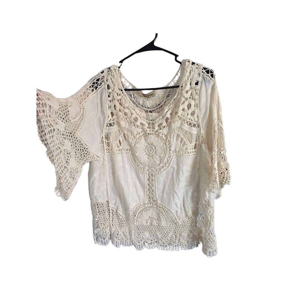 DEMOCRACY Cream 2-Piece Crochet Lace Kimono Blouse & Tank Top Set XL
